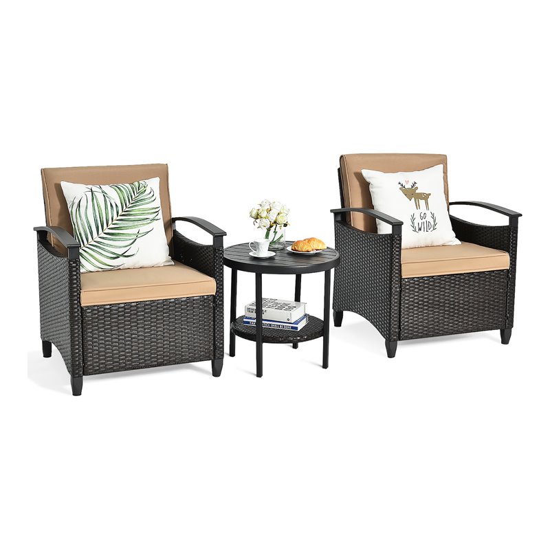 Costway 3-piece Contemporary Rattan Patio Furniture Set with Shelf in Brown