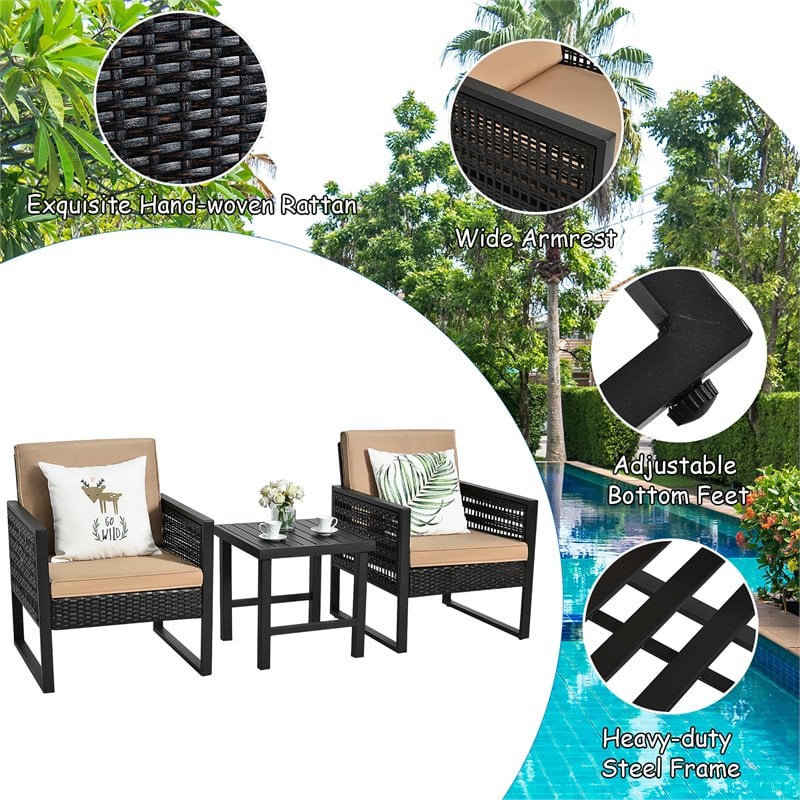 Costway 3-piece Rattan Patio Bistro Set with Cushioned Sofa Chairs in Mix Brown