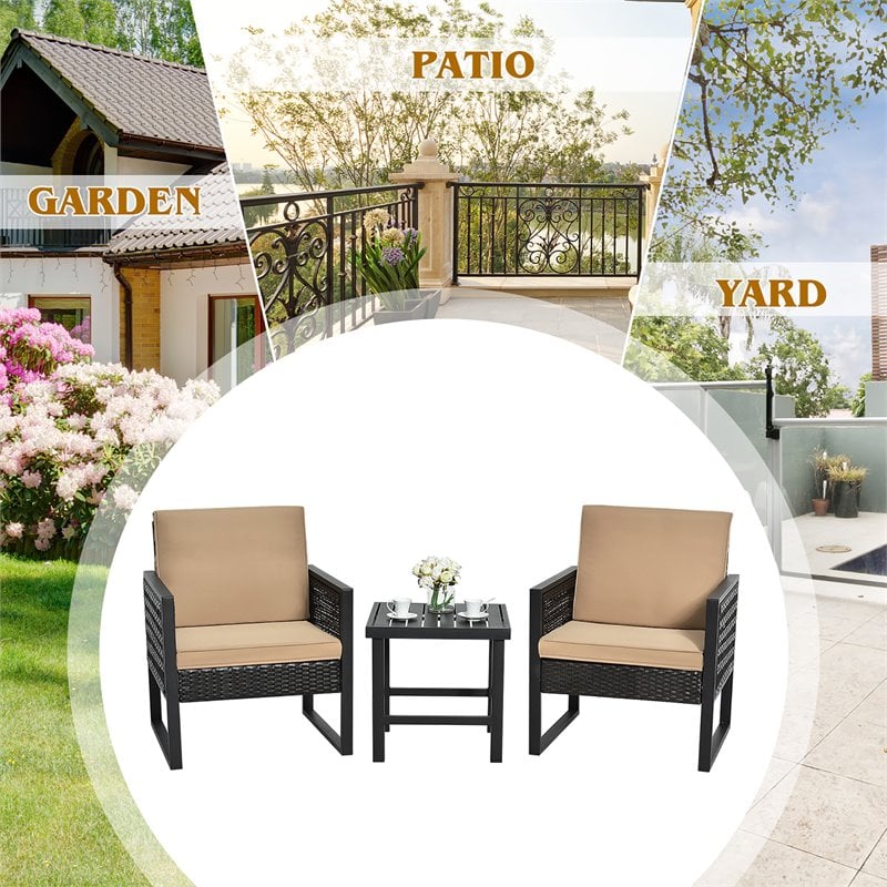 Costway 3-piece Rattan Patio Bistro Set with Cushioned Sofa Chairs in Mix Brown