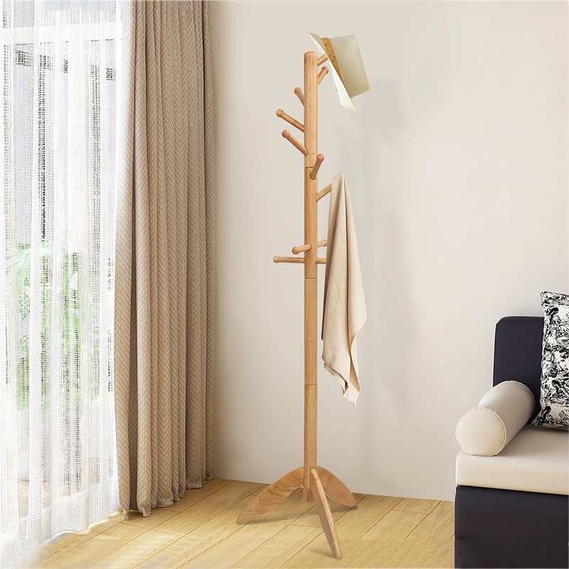 Costway Rubber Wood Adjustable Height Coat Rack with 11 Hooks in Oak