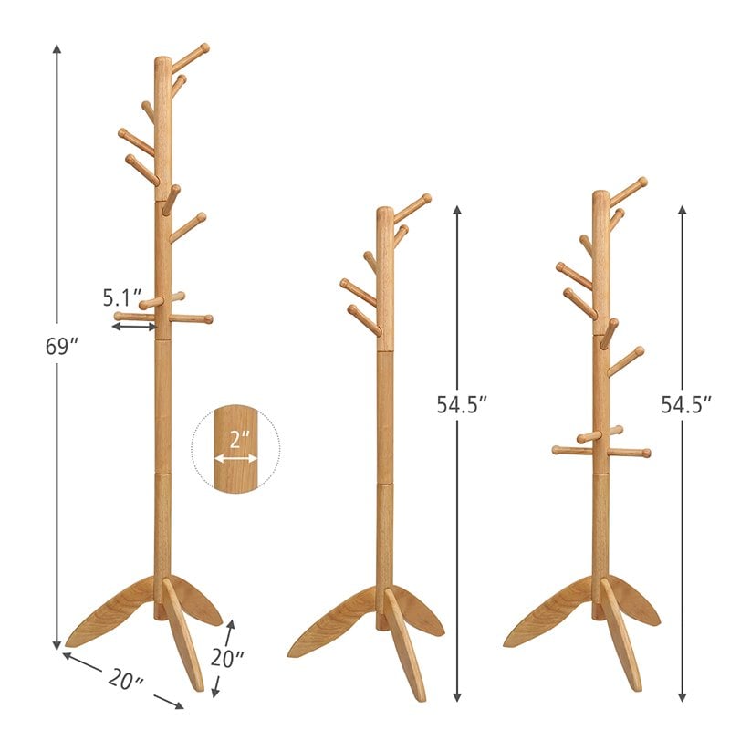Costway Rubber Wood Adjustable Height Coat Rack with 11 Hooks in Oak