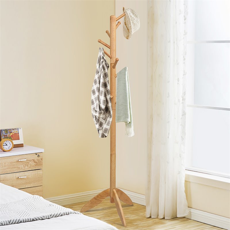 Costway Rubber Wood Adjustable Height Coat Rack with 11 Hooks in Oak