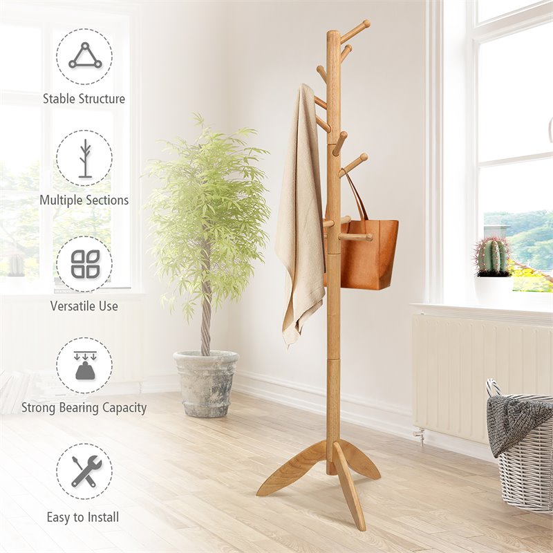 Costway Rubber Wood Adjustable Height Coat Rack with 11 Hooks in Oak