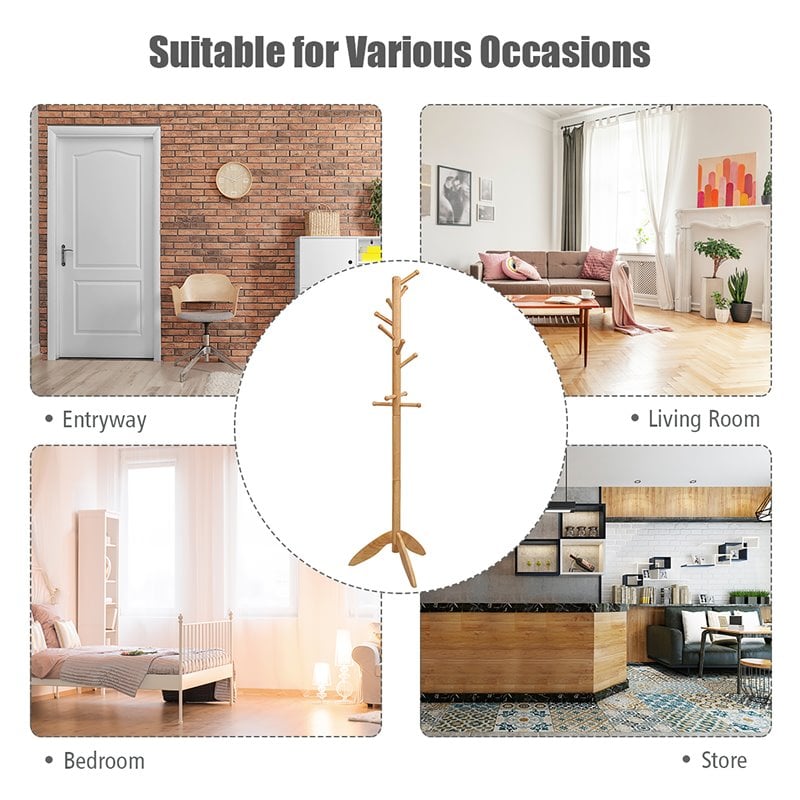 Costway Rubber Wood Adjustable Height Coat Rack with 11 Hooks in Oak