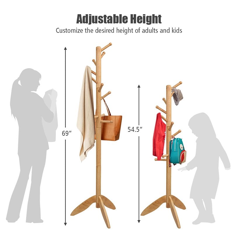 Costway Rubber Wood Adjustable Height Coat Rack with 11 Hooks in Oak
