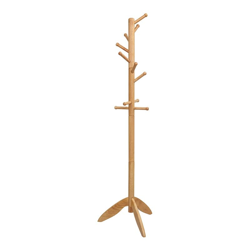 Costway Rubber Wood Adjustable Height Coat Rack with 11 Hooks in Oak