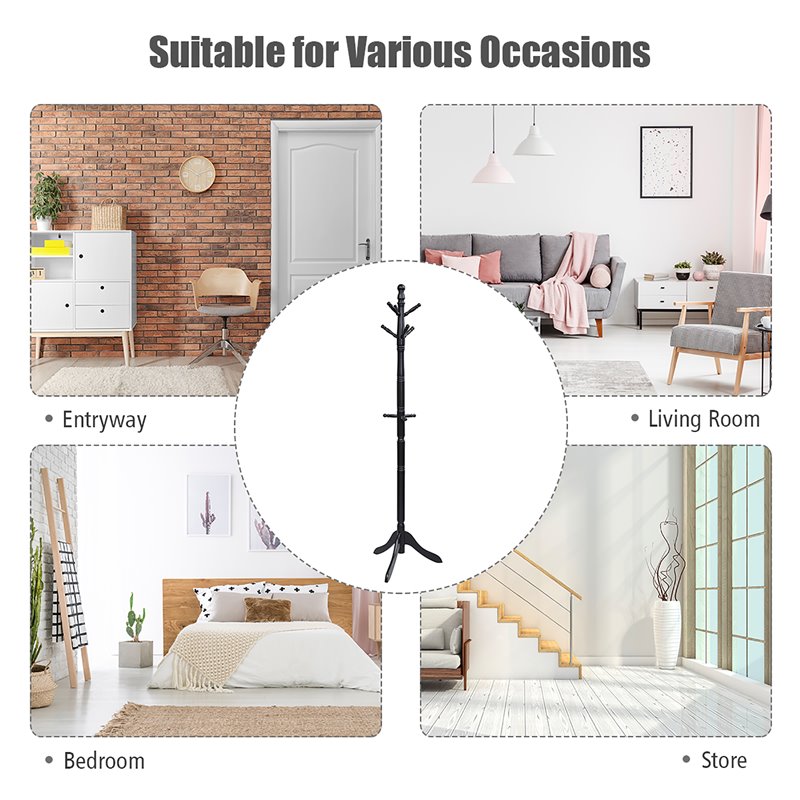Costway Rubber Wood Adjustable Height Coat Rack with 9 Hooks in Black
