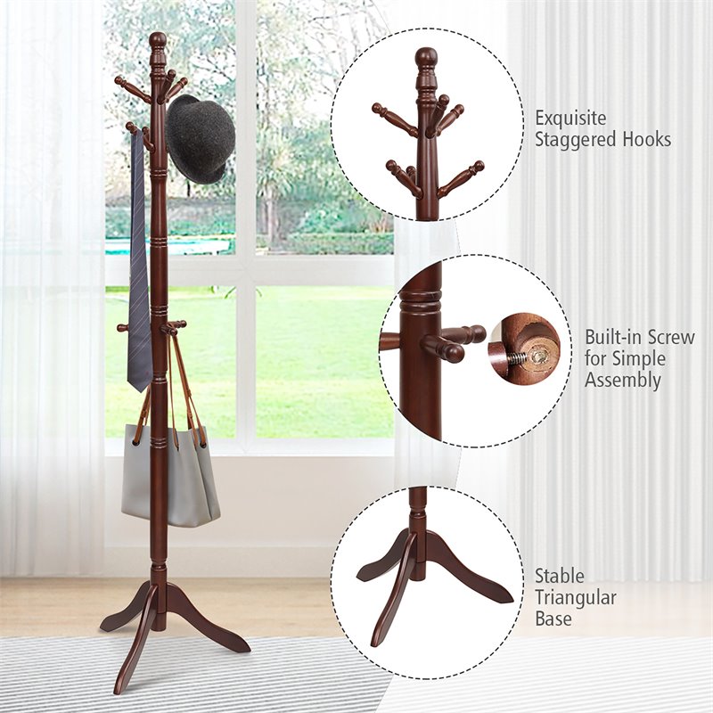 Costway Rubber Wood Adjustable Height Coat Rack with 9 Hooks in Walnut