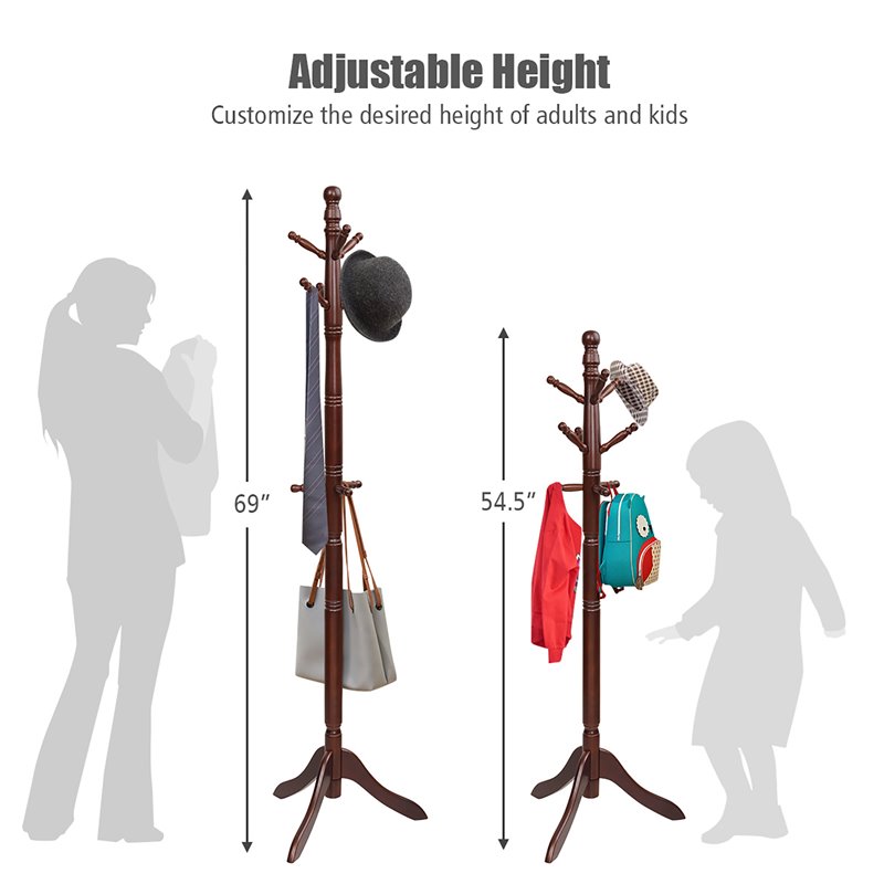 Costway Rubber Wood Adjustable Height Coat Rack with 9 Hooks in Walnut