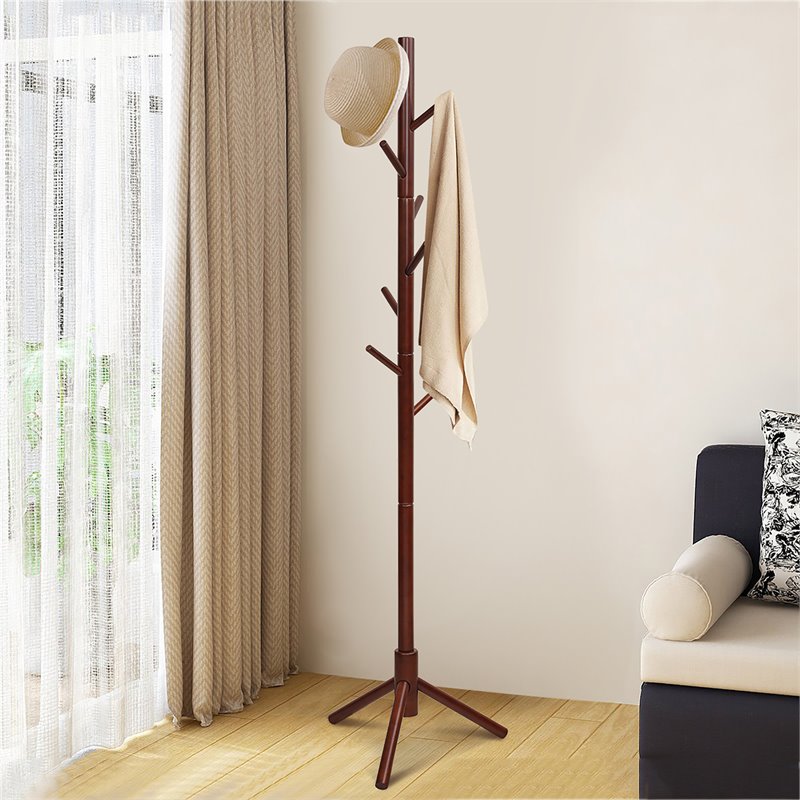 Costway Rubber Wood Two Heights Coat Rack with 8 Hooks in Walnut