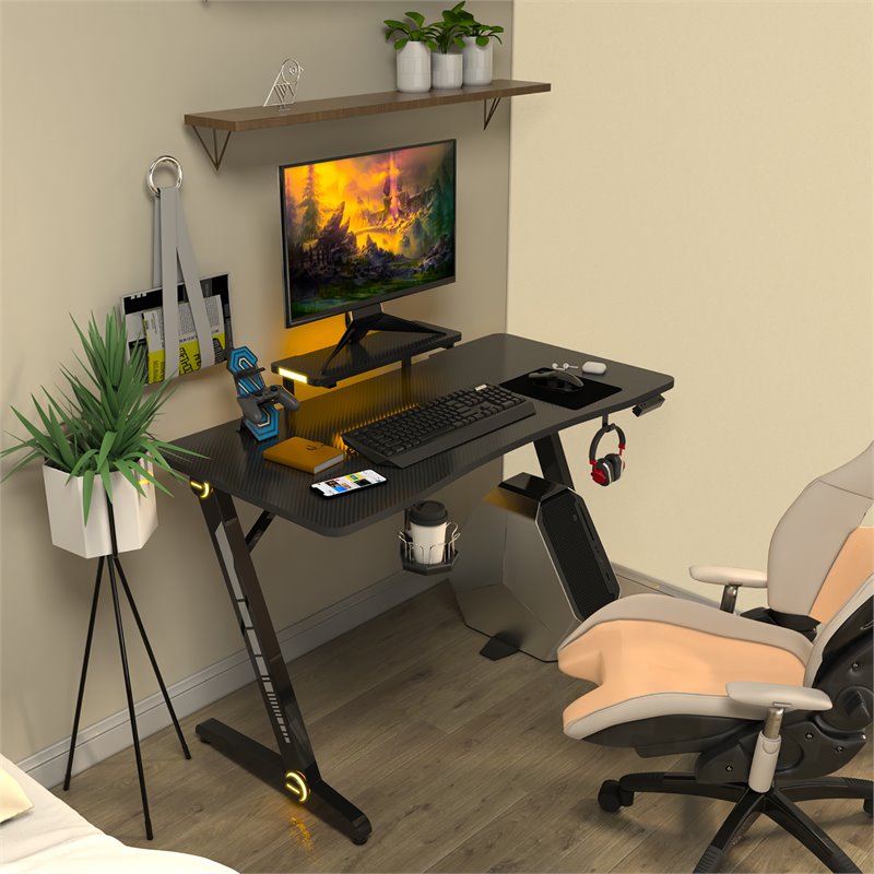 Costway Engineered Wood Computer Table with RGB Lights Monitor Shelf in Black