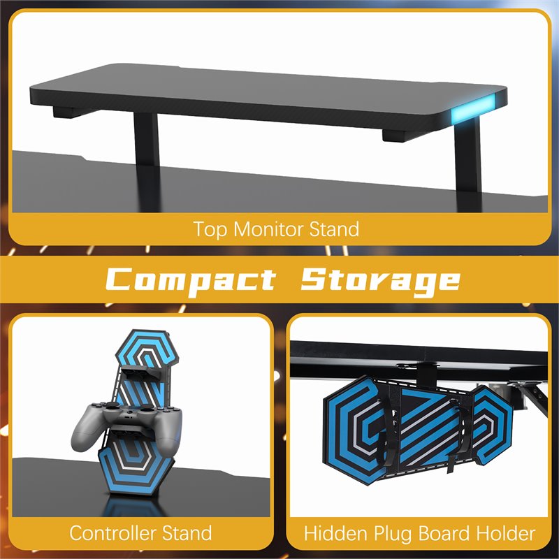 Costway Engineered Wood Computer Table with RGB Lights Monitor Shelf in Black