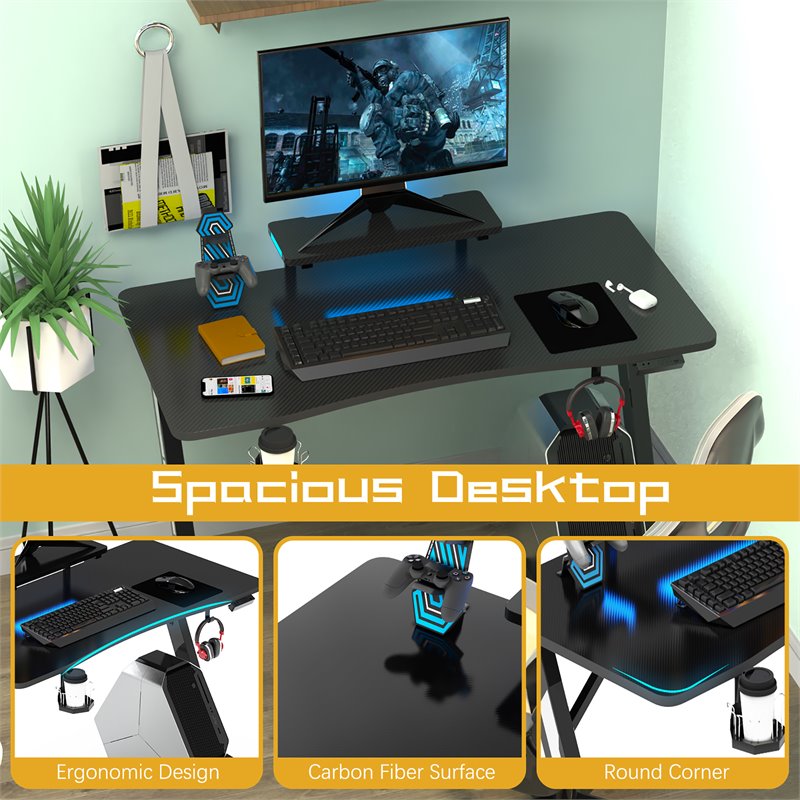 Costway Engineered Wood Computer Table with RGB Lights Monitor Shelf in Black