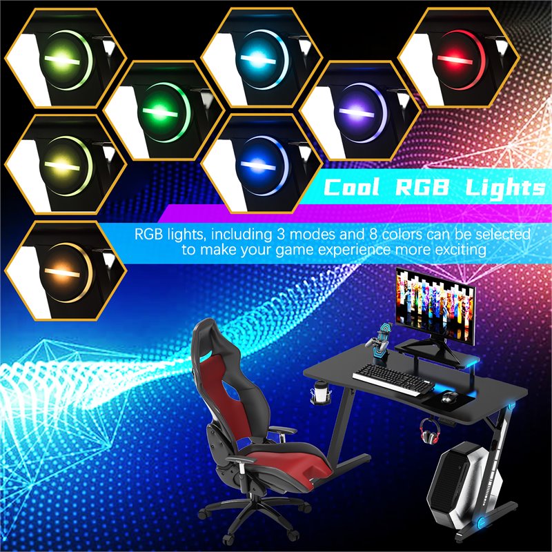 Costway Engineered Wood Computer Table with RGB Lights Monitor Shelf in Black