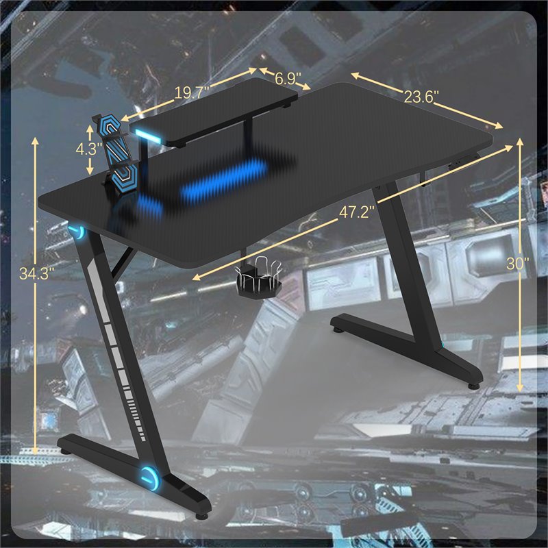 Costway Engineered Wood Computer Table with RGB Lights Monitor Shelf in Black