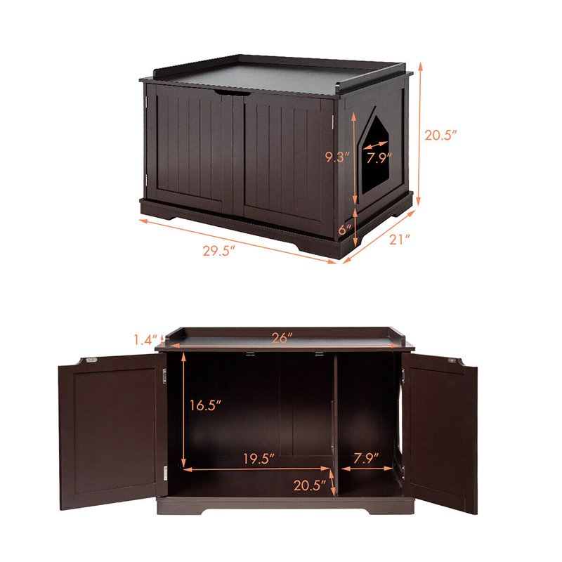 Costway Cabinet Furniture Storage Bench and Cat Litter Box in Brown