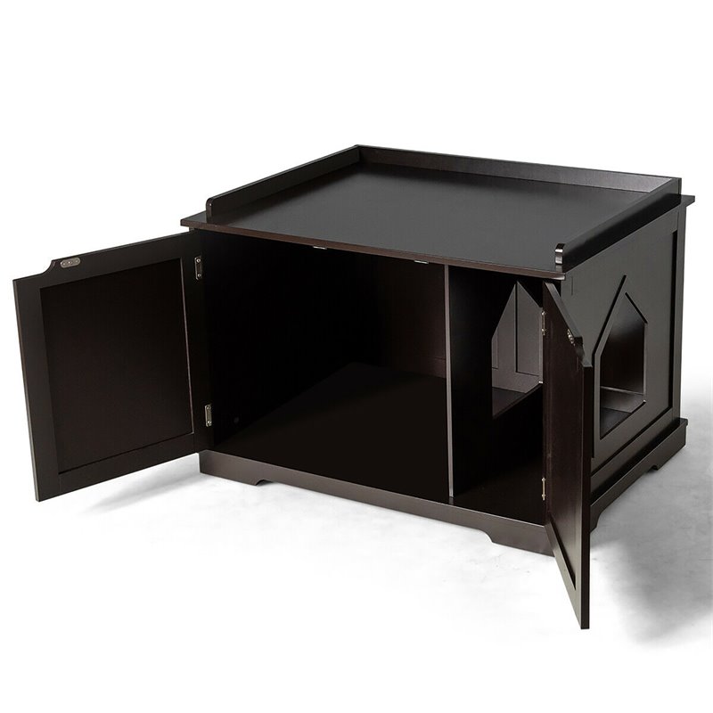 Costway Cabinet Furniture Storage Bench and Cat Litter Box in Brown