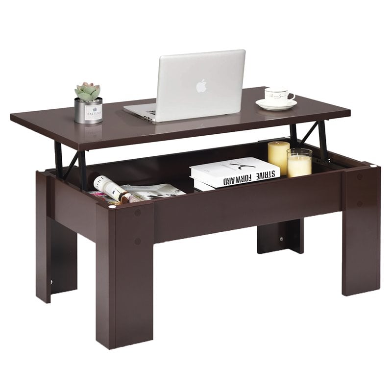 Costway Wood Lift Top Coffee Table with Hidden Compartment & Shelf in Brown