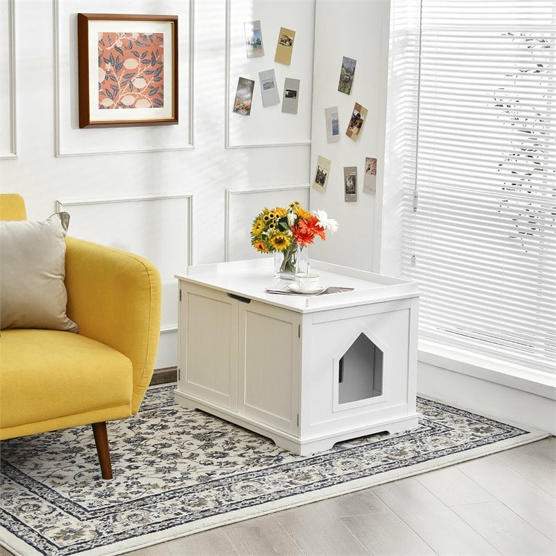 Costway Cabinet Furniture Storage Bench and Cat Litter Box in White