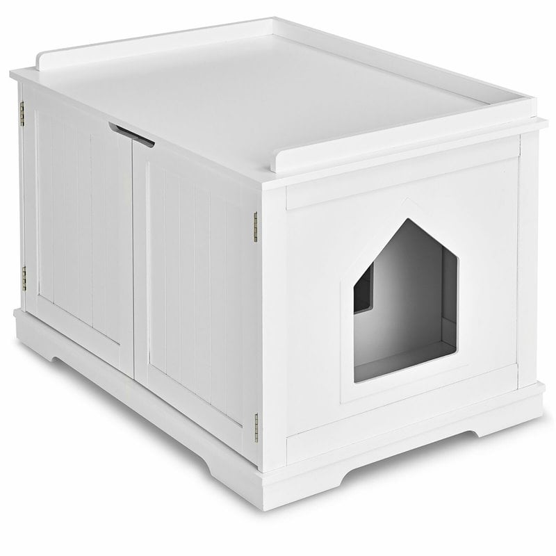 Costway Cabinet Furniture Storage Bench and Cat Litter Box in White