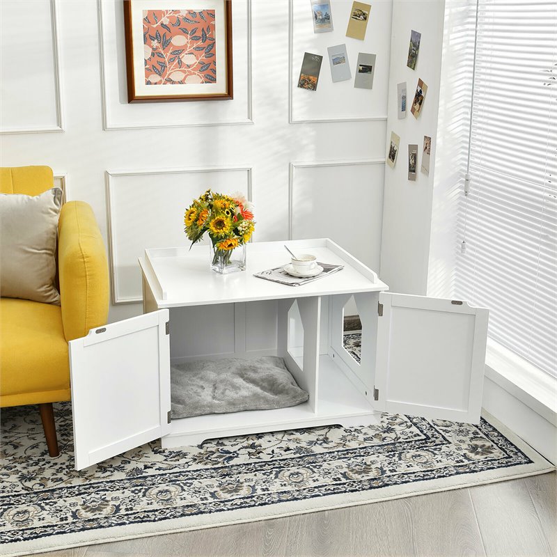 Costway Cabinet Furniture Storage Bench and Cat Litter Box in White