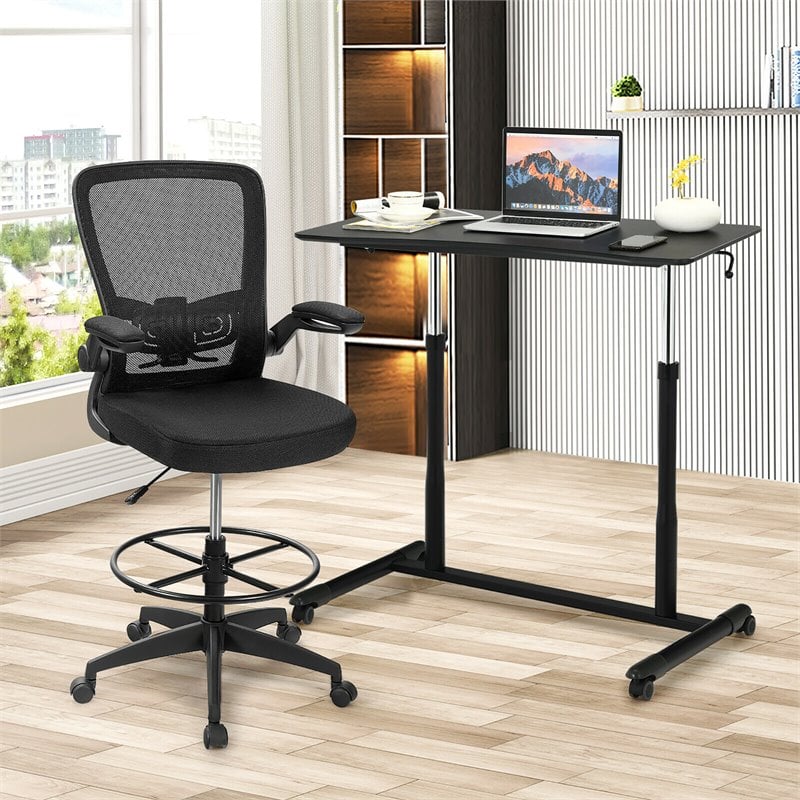 Costway Contemporary Wood Adjustable Height Rolling Computer Desk in Black
