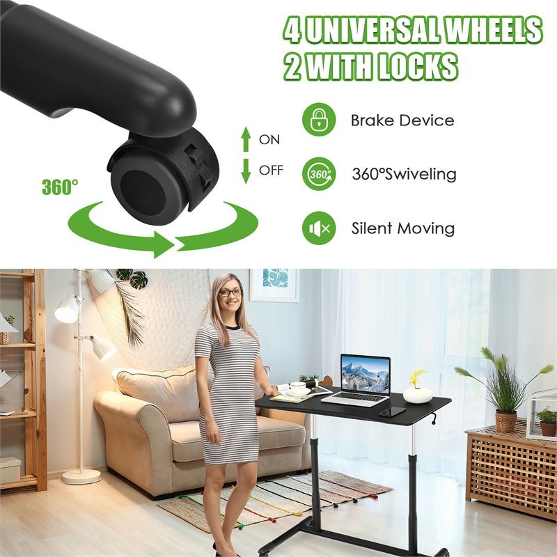 Costway Contemporary Wood Adjustable Height Rolling Computer Desk in Black