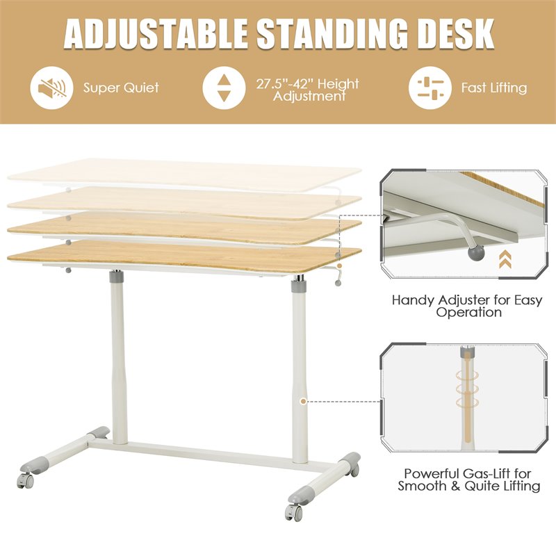Costway Contemporary Wood Adjustable Height Rolling Computer Desk in Natural