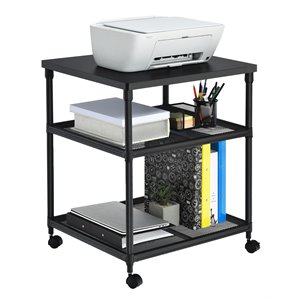 costway 3-tier wood and iron rolling fax cart with shelf & swivel wheel in black
