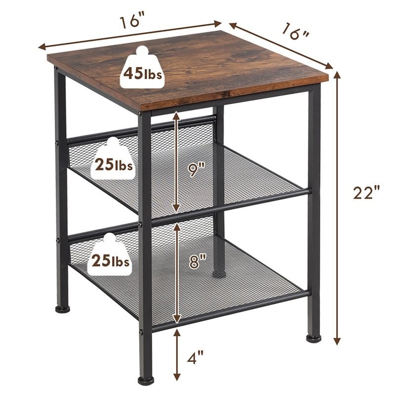 Costway 3-Tier End Side Table/Nightstand with 2 Adjustable Shelves in Brown