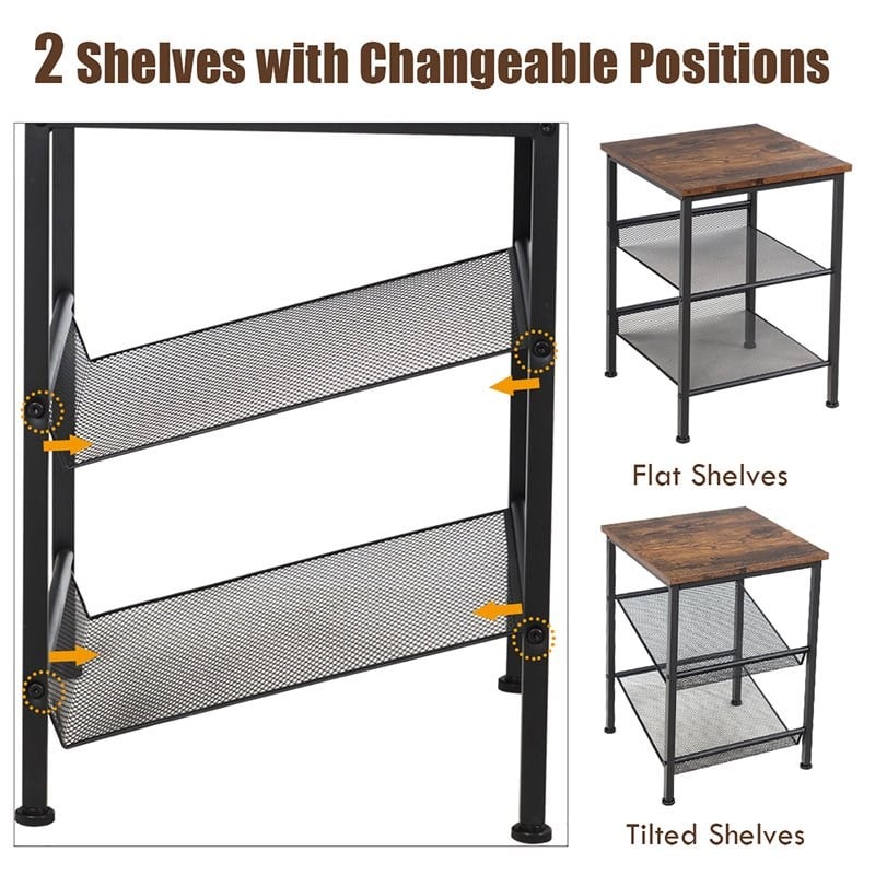 Costway 3-Tier End Side Table/Nightstand with 2 Adjustable Shelves in Brown