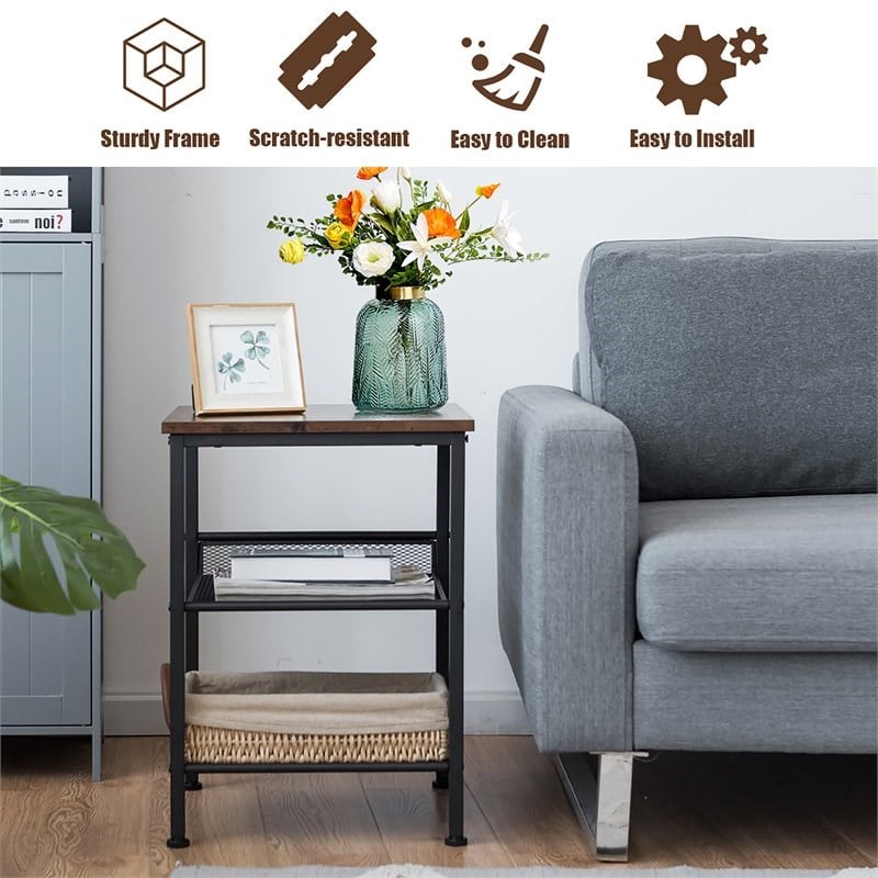 Costway 3-Tier End Side Table/Nightstand with 2 Adjustable Shelves in Brown