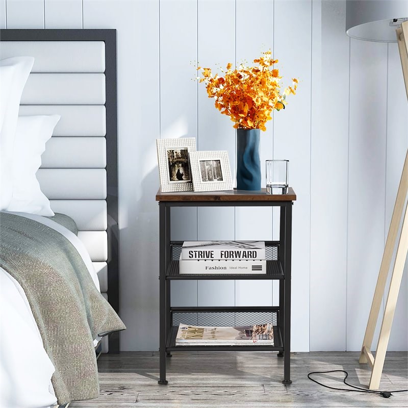 Costway 3-Tier End Side Table/Nightstand with 2 Adjustable Shelves in Brown