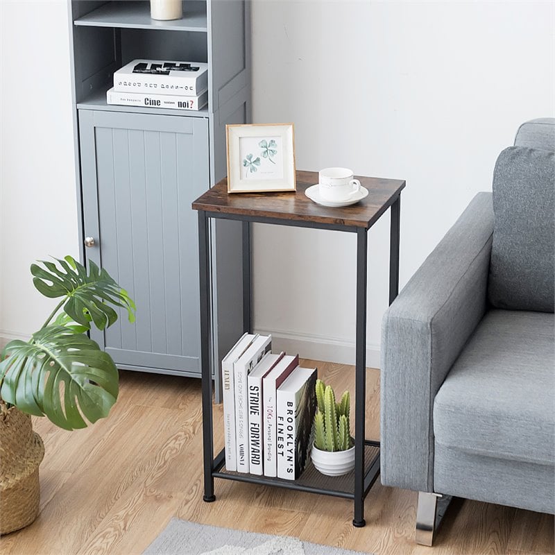 Costway 2-tier Particle Board & Steel Side Table with Mesh Shelf in Rustic Brown