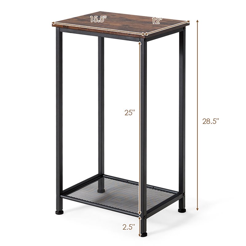Costway 2-tier Particle Board & Steel Side Table with Mesh Shelf in Rustic Brown