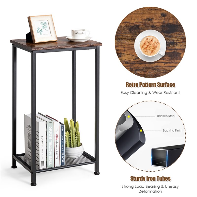 Costway 2-tier Particle Board & Steel Side Table with Mesh Shelf in Rustic Brown