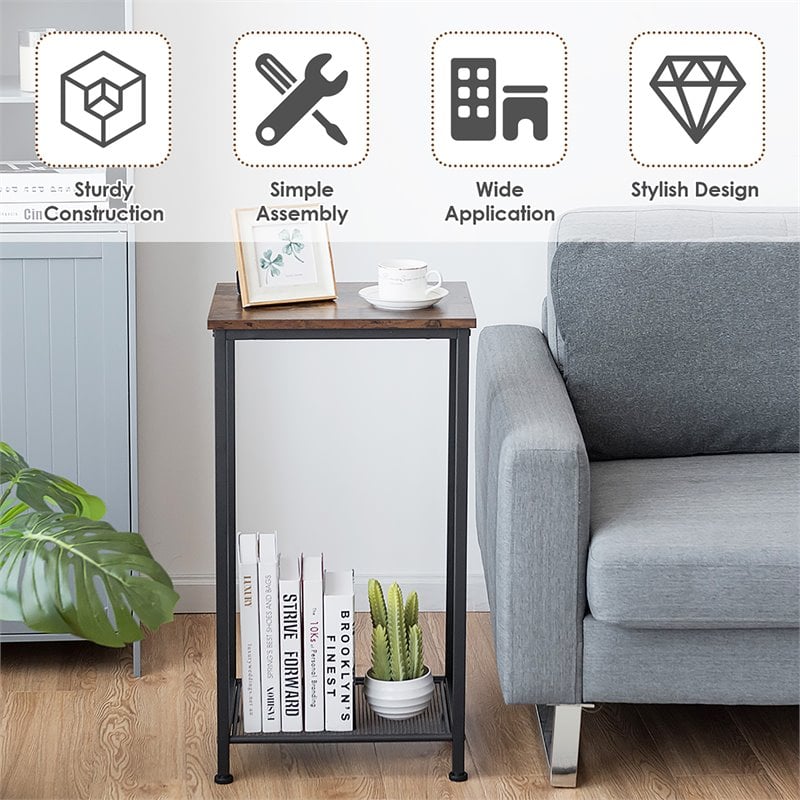 Costway 2-tier Particle Board & Steel Side Table with Mesh Shelf in Rustic Brown