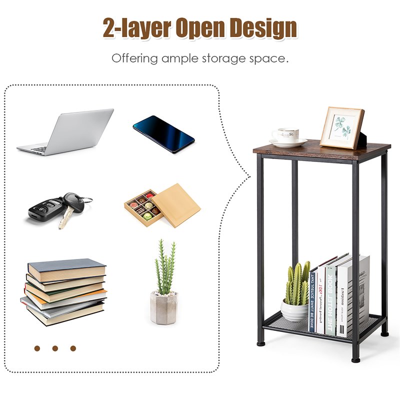 Costway 2-tier Particle Board & Steel Side Table with Mesh Shelf in Rustic Brown