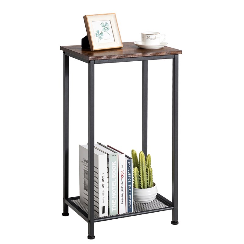 Costway 2-tier Particle Board & Steel Side Table with Mesh Shelf in Rustic Brown