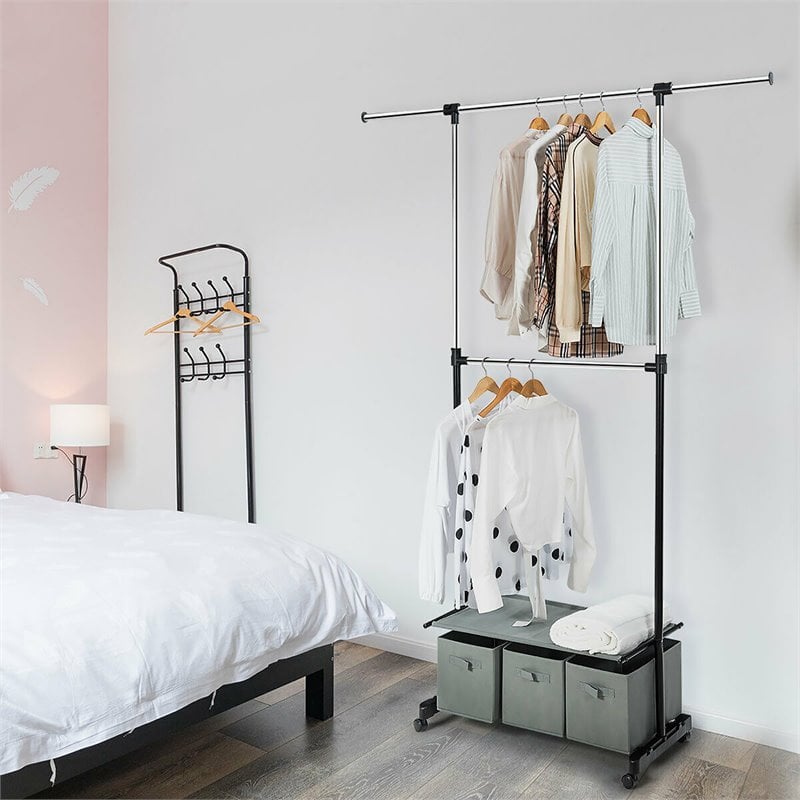 Costway 2-Rod Adjustable Garment Rack Rolling Clothes Organizer in Gray