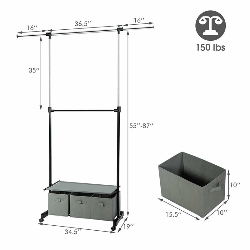 Costway 2-Rod Adjustable Garment Rack Rolling Clothes Organizer in Gray