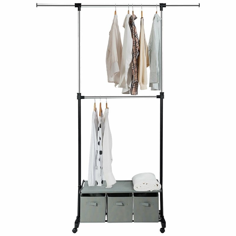 Costway 2-Rod Adjustable Garment Rack Rolling Clothes Organizer in Gray