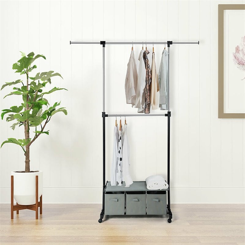 Costway 2-Rod Adjustable Garment Rack Rolling Clothes Organizer in Gray