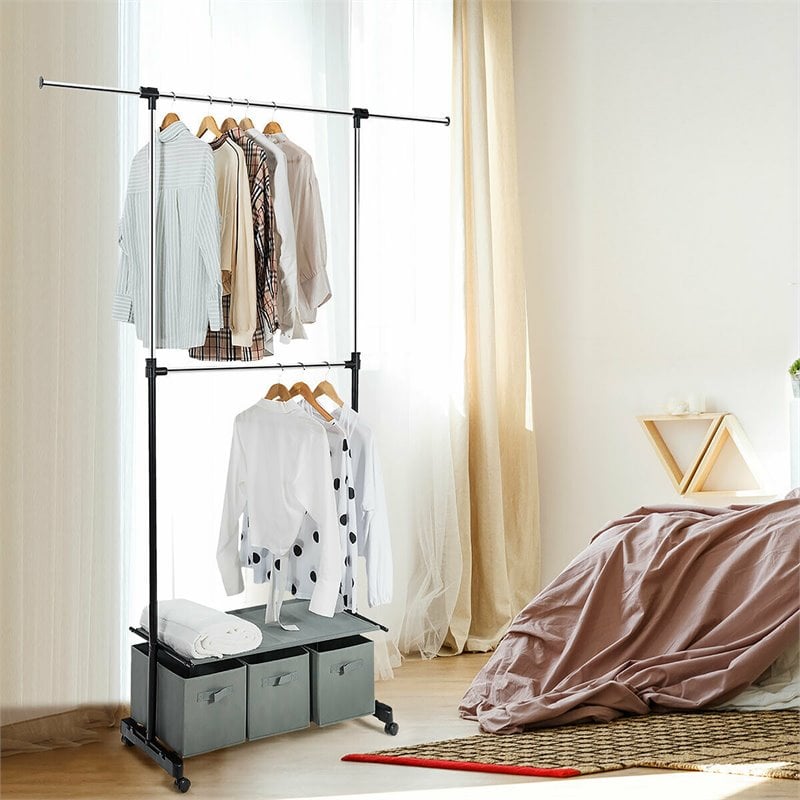 Costway 2-Rod Adjustable Garment Rack Rolling Clothes Organizer in Gray