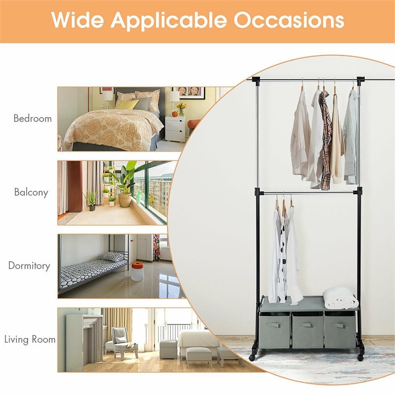 Costway 2-Rod Adjustable Garment Rack Rolling Clothes Organizer in Gray