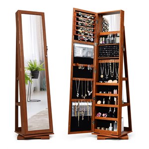 Costway 2-in-1 Rotatable Jewelry Cabinet/Lockable Mirrored Organizer in Brown