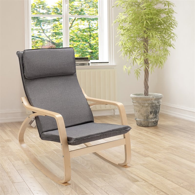 Costway Modern Bentwood Fabric Upholstered Relax Lounge Rocking Chair in Gray