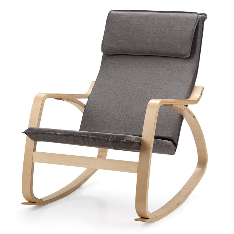 Costway Modern Bentwood Fabric Upholstered Relax Lounge Rocking Chair in Gray