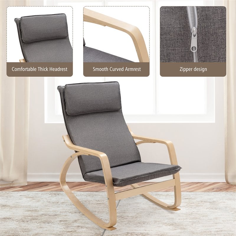 Costway Modern Bentwood Fabric Upholstered Relax Lounge Rocking Chair in Gray