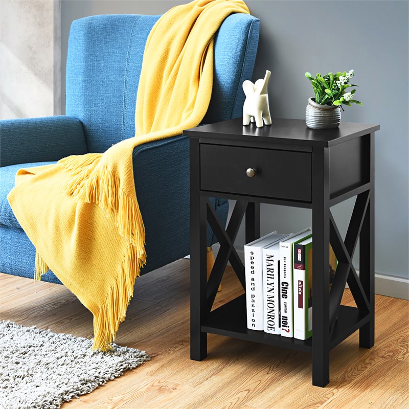 Costway Contemporary MDF Nightstand with Drawer and Shelf in Black